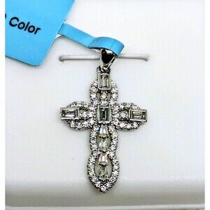 New 925 Sterling Silver Moissanite Cross Pendant with baguettes. Unisex jewelry